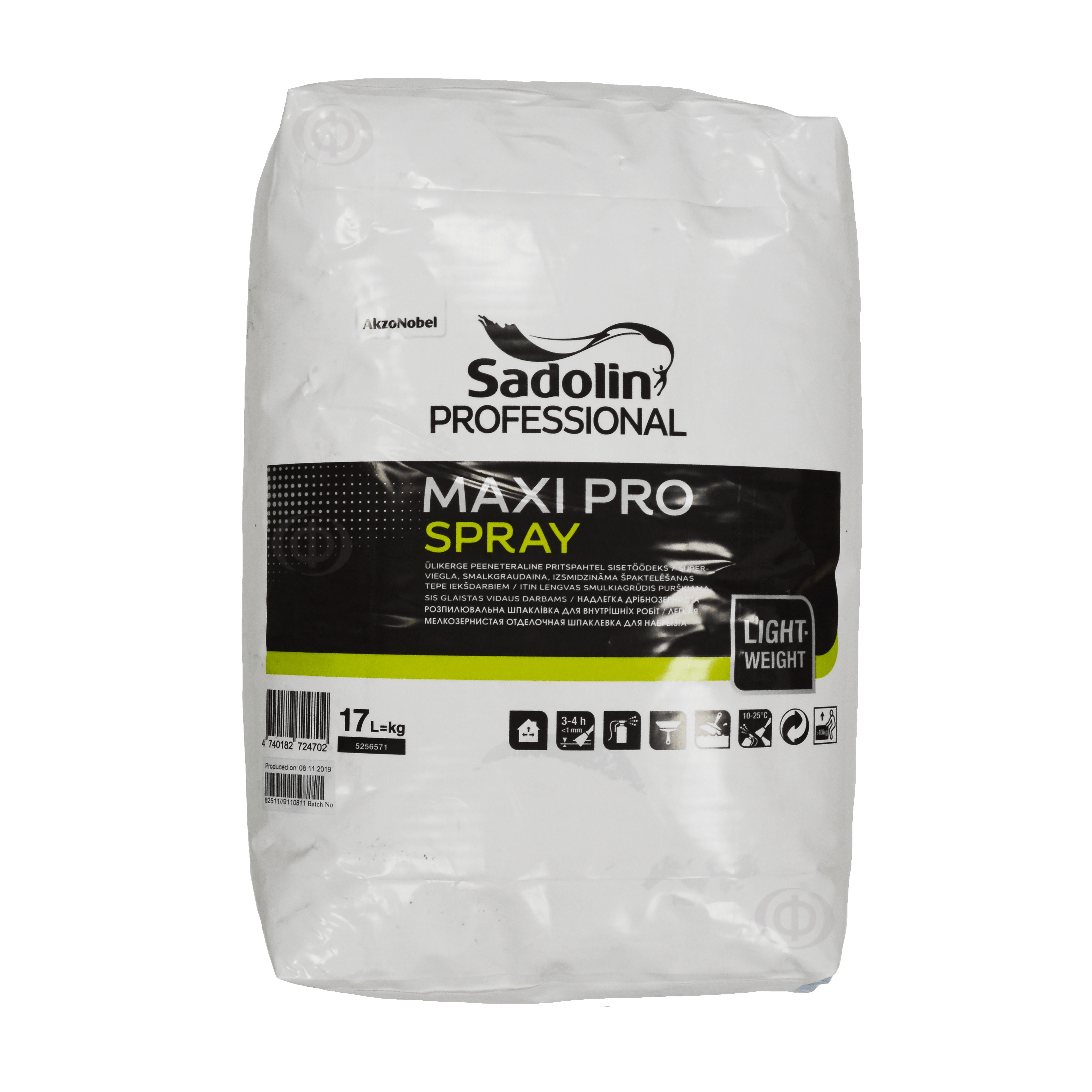 Мелкозернистая легкая шпаклевка для набрызга Sadolin Maxi Pro Spray для стен и потолка, белая